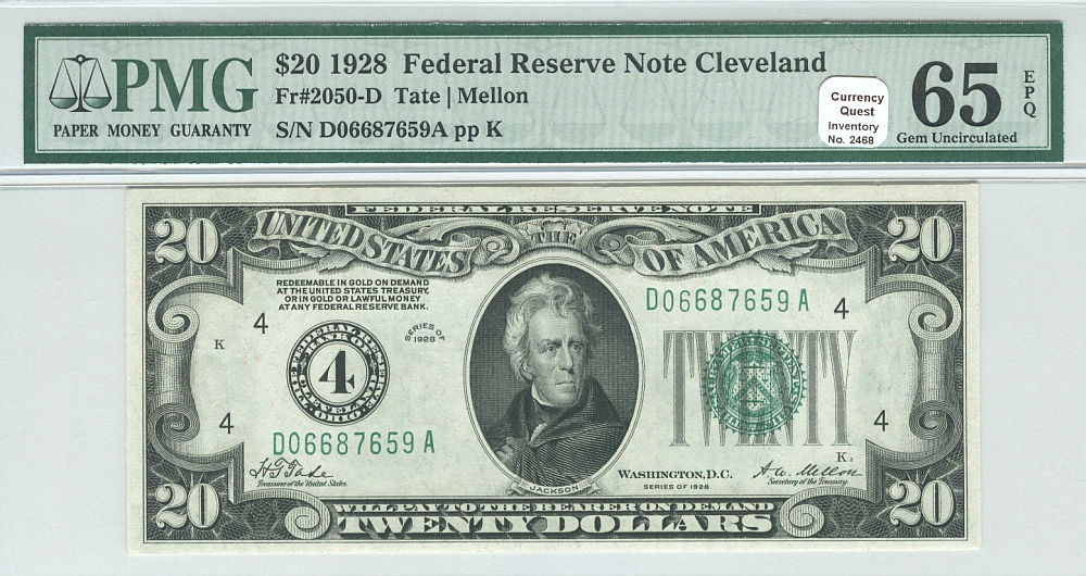 Fr.2050-D, 1928 $20 Cleveland Federal Reserve Note, GemCU, PMG65-EPQ